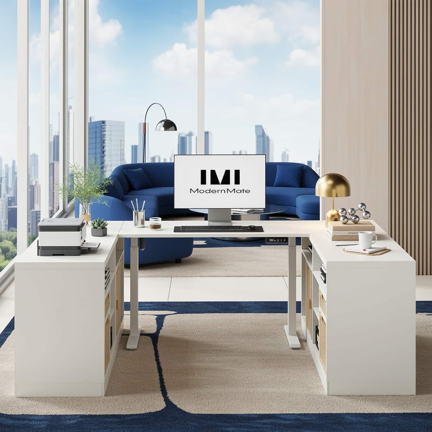 ModernMate - 86" U Shaped Electric Standing Desk, Height Adjustable Executive Desk with Storage and Power Outlet - White Rattan