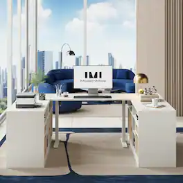 ModernMate - 86" U Shaped Electric Standing Desk, Height Adjustable Executive Desk with Storage and Power Outlet - White Rattan