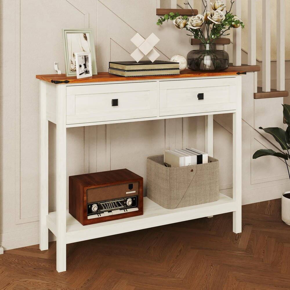 Alt View 7. Kadyn - Farmhouse Style Console Table - 2 Drawers & Bottom Storage Shelf, Rustic Side Table for Entryway, Living Room, Hallway - White.