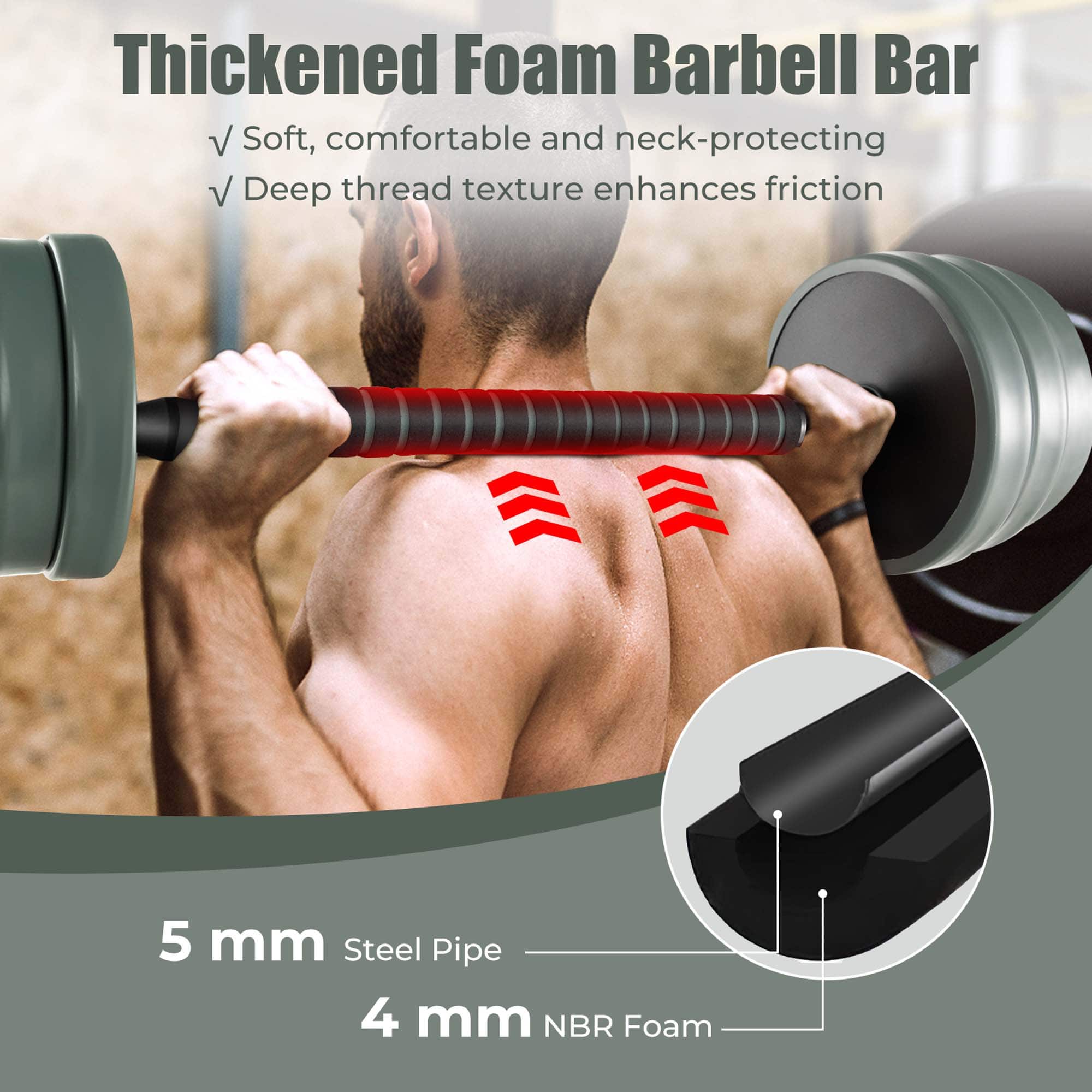 Thickened Foam Barbell Bar: Soft, comfortable and neck-protecting. Deep thread texture enhances friction. 5 mm Steel Pipe. 4 mm NBR Foam.