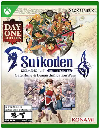 Xbox Series X Day One Edition Suikoden I & II & II HD Remaster Gate Rune & Dunan Unification Wars EVERYONE 10+ to TEEN ENFANTS et ADULTES 10+ ADOLESCENTS E-T 10+ ESRB esrb.org KONAMI - T (Teen 13+),E10+ (Everyone 10+)