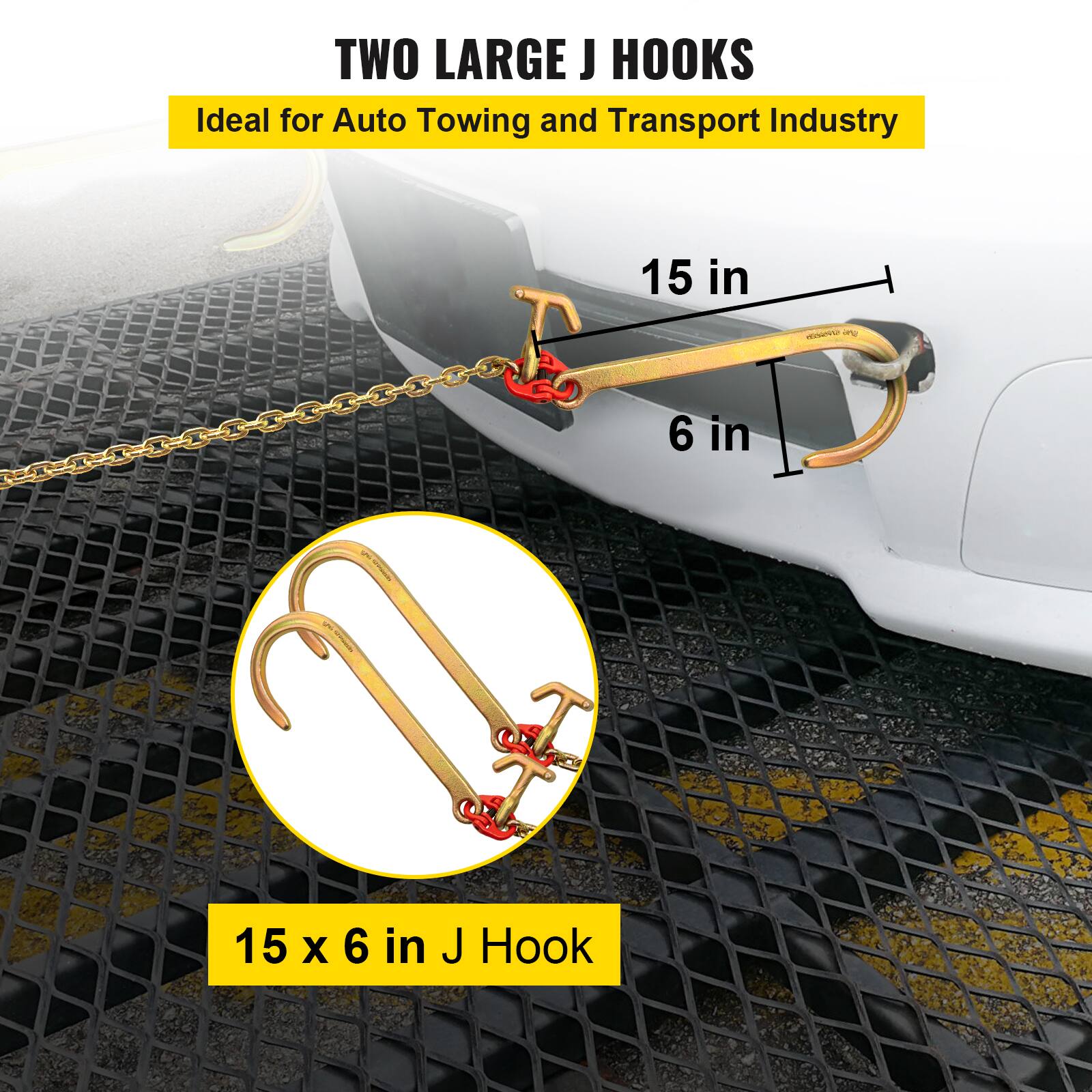 TWO LARGE J HOOKS  
Ideal for Auto Towing and Transport Industry  

15 in  
6 in  

15 x 6 in J Hook