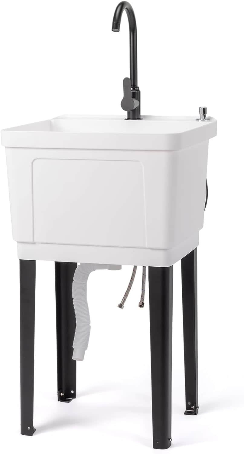 Winado - Freestanding Plastic Utility Sink Laundry Tub with Stainless Steel Hot & Cold Faucet, Soap Dispenser for Home Warehouses - White