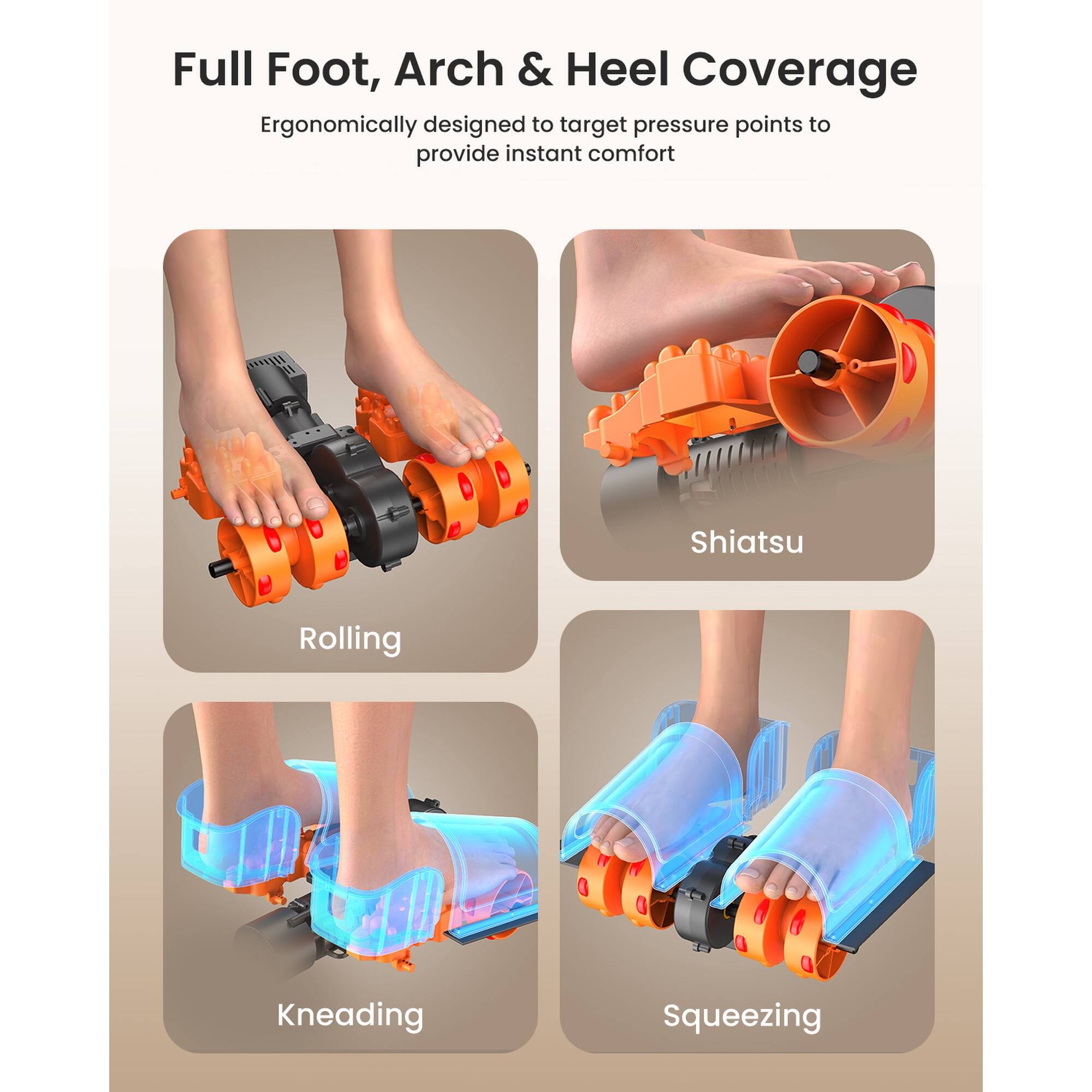Full Foot, Arch & Heel Coverage  
Ergonomically designed to target pressure points to provide instant comfort  
Shiatsu Rolling Kneading Squeezing