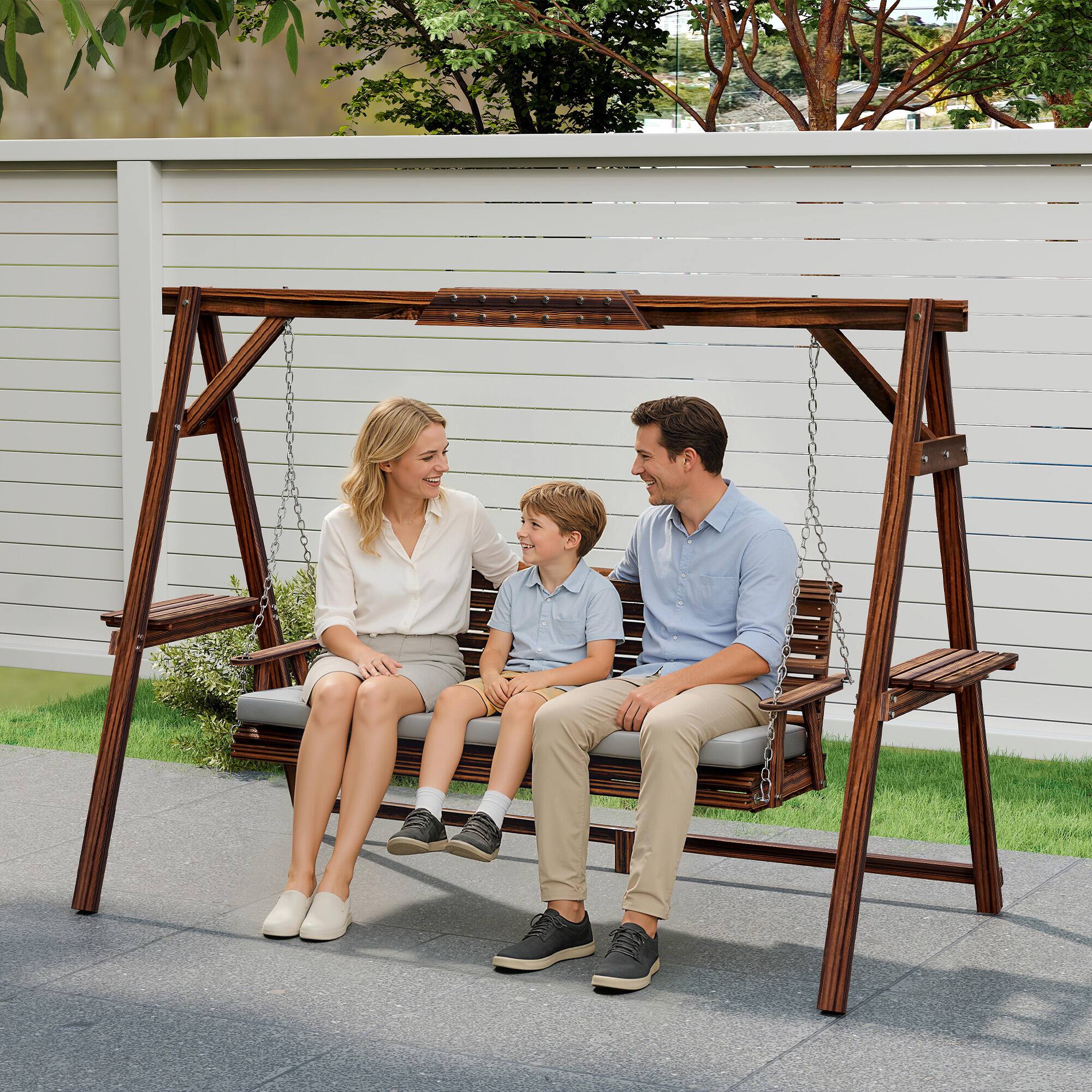 Alt View 7. Outsunny - 3 Seat Porch Swing with Stand, Wooden Patio Swing Chair with Cushion, Side Trays and Metal Chains.