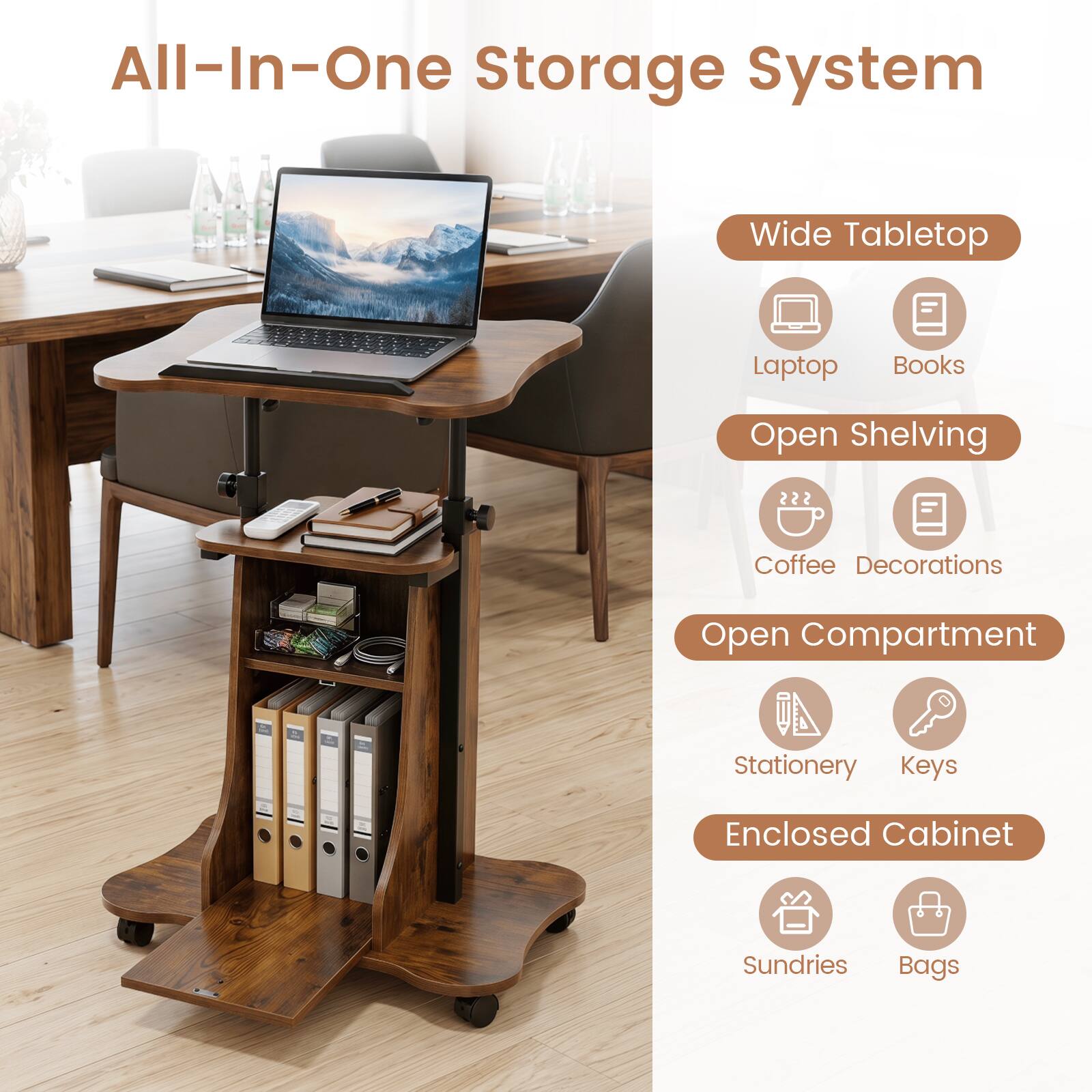 All-In-One Storage System

Wide Tabletop
- Laptop
- Books

Open Shelving
- Coffee
- Decorations

Open Compartment
- Stationery
- Keys

Enclosed Cabinet
- Sundries
- Bags