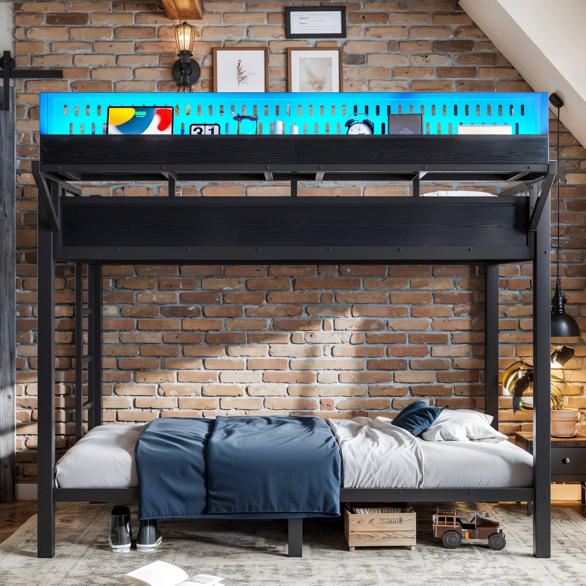 Alt View 2. Boyel Living - Twin XL over Twin XL Size Metal Bunk Bed with Storage Shelves and Pegboard Bunk Bed Frame - Black.