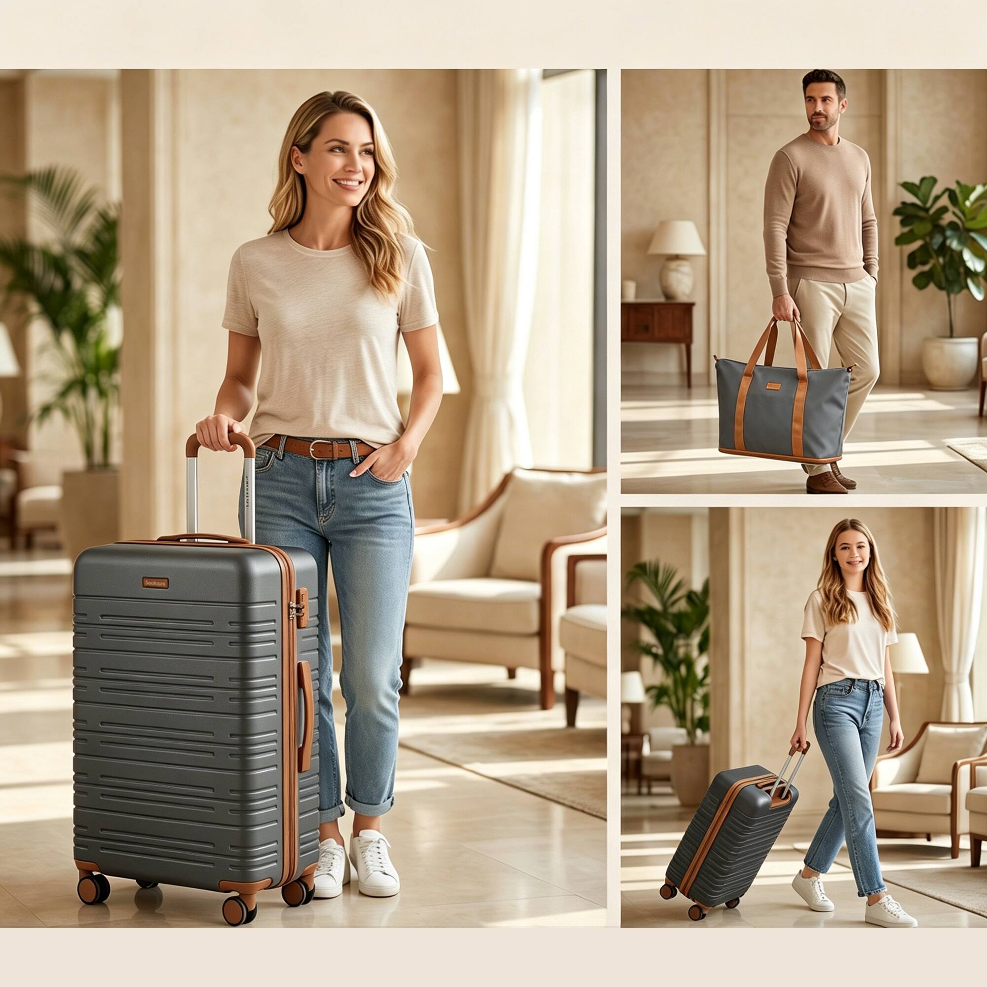 Angle. Travelhouse - 6‑Piece Hardshell Family Luggage Set, Lightweight Striped Suitcase with TSA Lock - Grey.