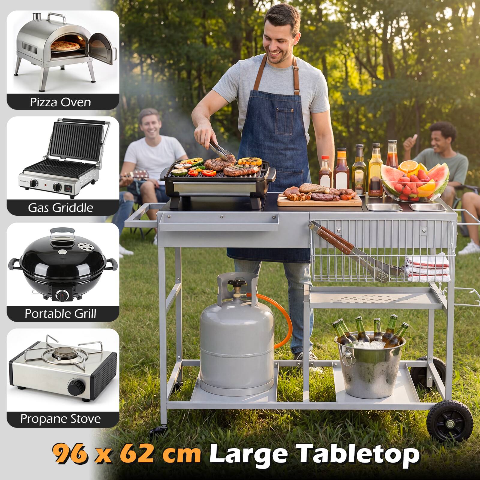 Pizza Oven  
Gas Griddle  
Portable Grill  
Propane Stove  

96 x 62 cm Large Tabletop