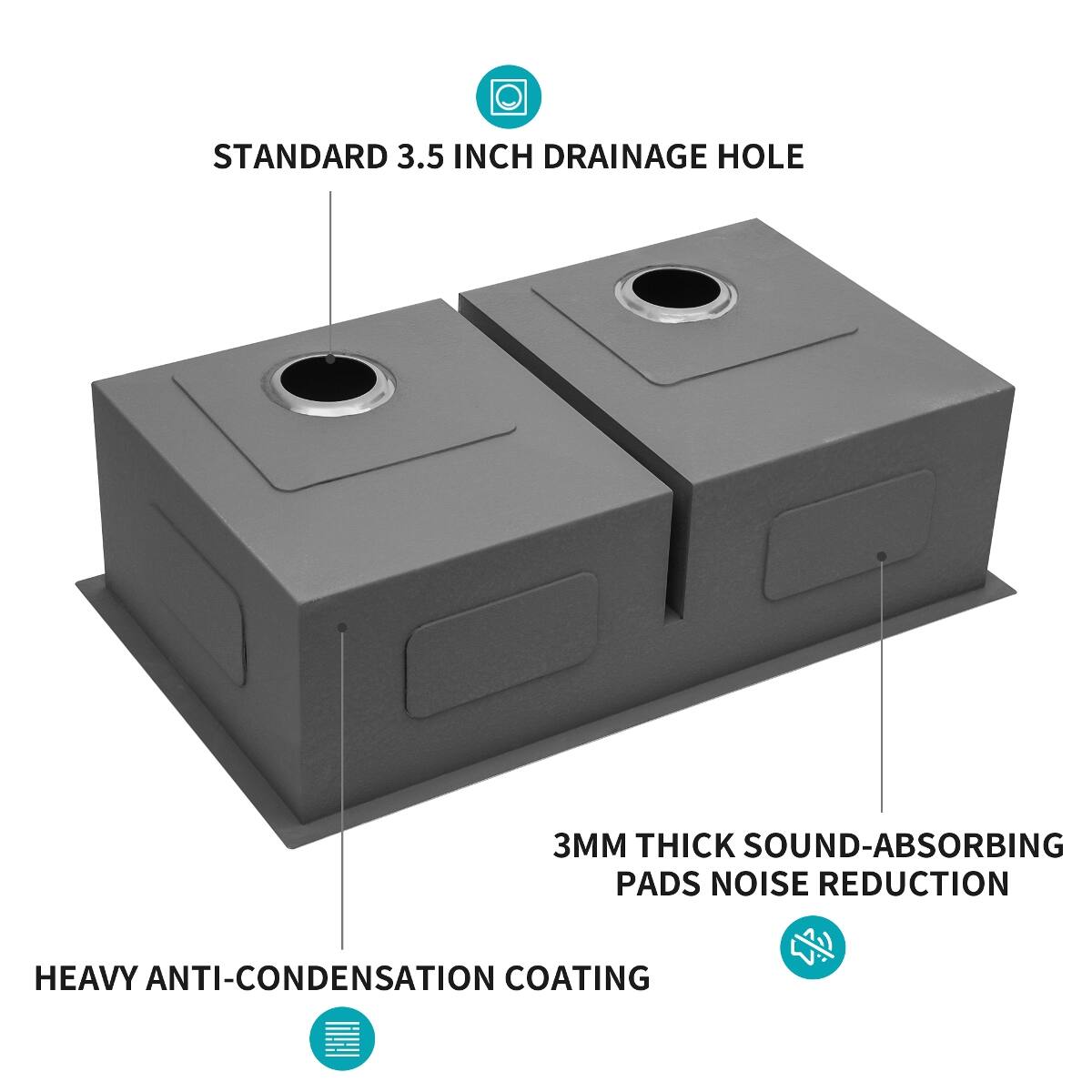 STANDARD 3.5 INCH DRAINAGE HOLE

3MM THICK SOUND-ABSORBING PADS NOISE REDUCTION

HEAVY ANTI-CONDENSATION COATING