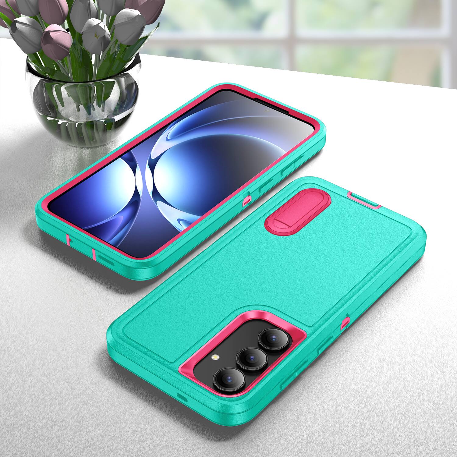 Alt View 3. Dteck - Heavy Duty Case for Samsung Galaxy S25 FE with Foldable Kickstand,Dual-Layer Shockproof Hard PC Soft Silicone Cover - Mint+Rose.