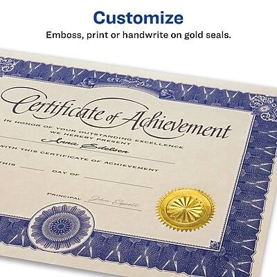 Customize  
Emboss, print or handwrite on gold seals.

Certificate of Achievement  
IN HONOR OF YOUR OUTSTANDING EXCELLENCE  
WE HEREBY PRESENT  
THIS CERTIFICATE OF ACHIEVEMENT  
DAY OF  
________________________  
PRINCIPAL  
________________________