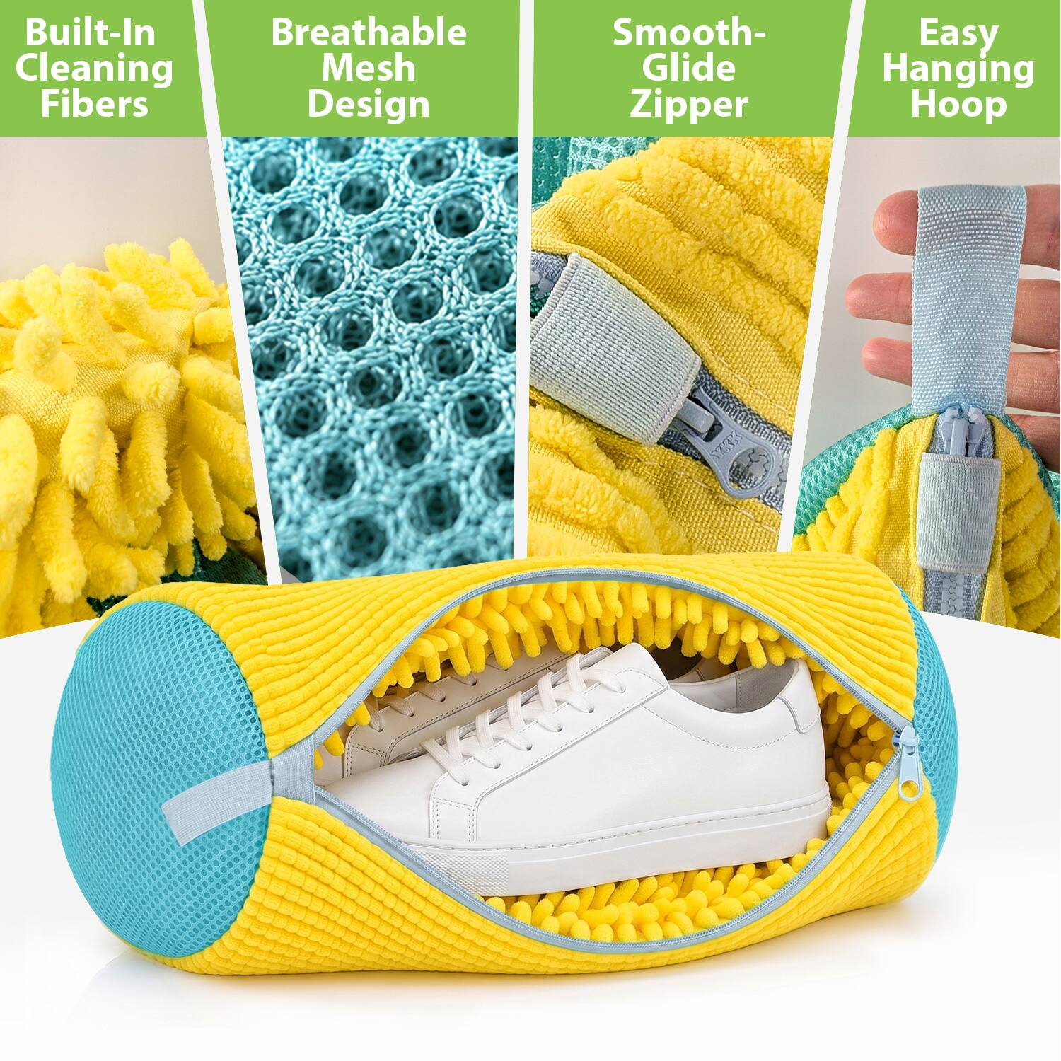 Built-In Cleaning Fibers  
Breathable Mesh Design  
Smooth-Glide Zipper  
Easy Hanging Hoop