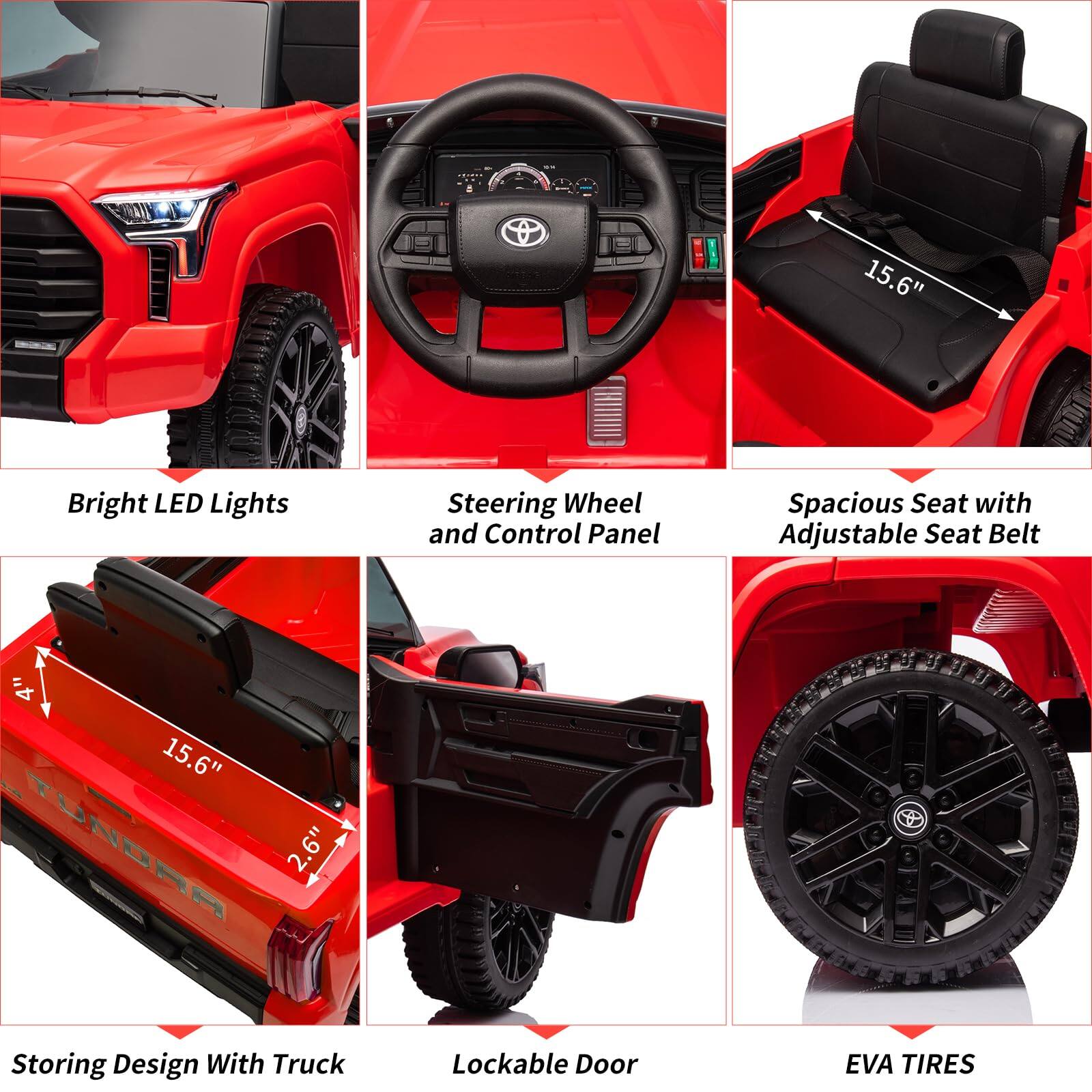 1. Bright LED Lights
2. Steering Wheel and Control Panel
3. Spacious Seat with Adjustable Seat Belt
4. Storing Design With Truck
5. Lockable Door
6. EVA TIRES