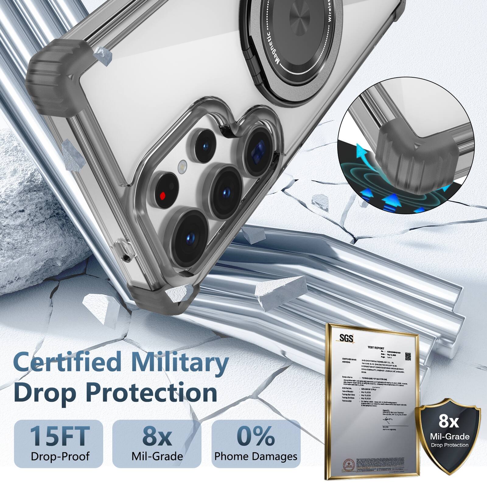 Certified Military Drop Protection  
15FT Drop-Proof  
8x Mil-Grade  
0% Phone Damages  
SGS FeeT  
8x Mil-Grade Drop Protection