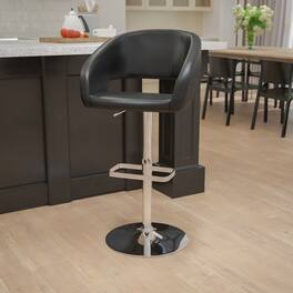 Emma + Oliver - Shae Contemporary Upholstered Adjustable Height Barstool with Rounded, Cutout Mid-Back and Pedestal Base - Black Vinyl/Chrome Frame
