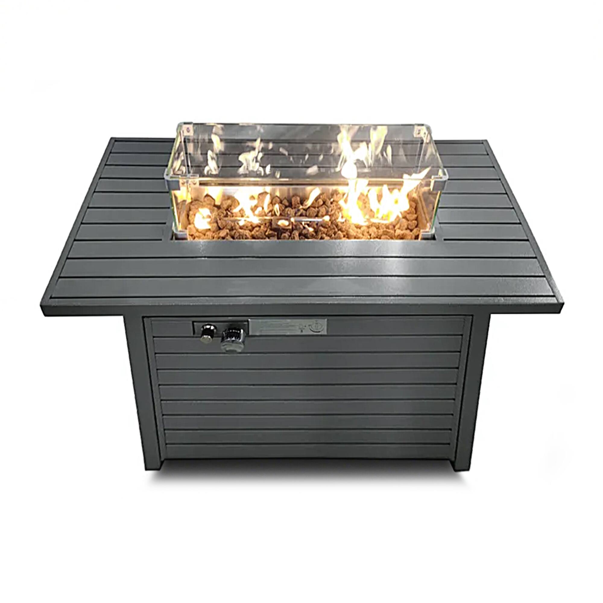 Angle. Mondawe - 25" H x 42" W Steel Propane Outdoor Fire Pit Table with Lid - Gray.