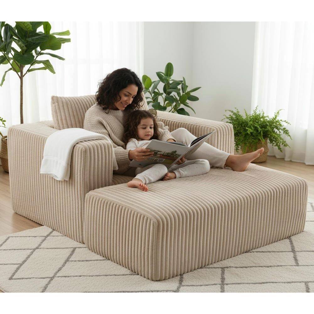 Left. Kadyn - Oversized All-Foam Lounge Chair with Ottoman, Modular Corduroy, No-Tool Assembly, Beige - Beige.