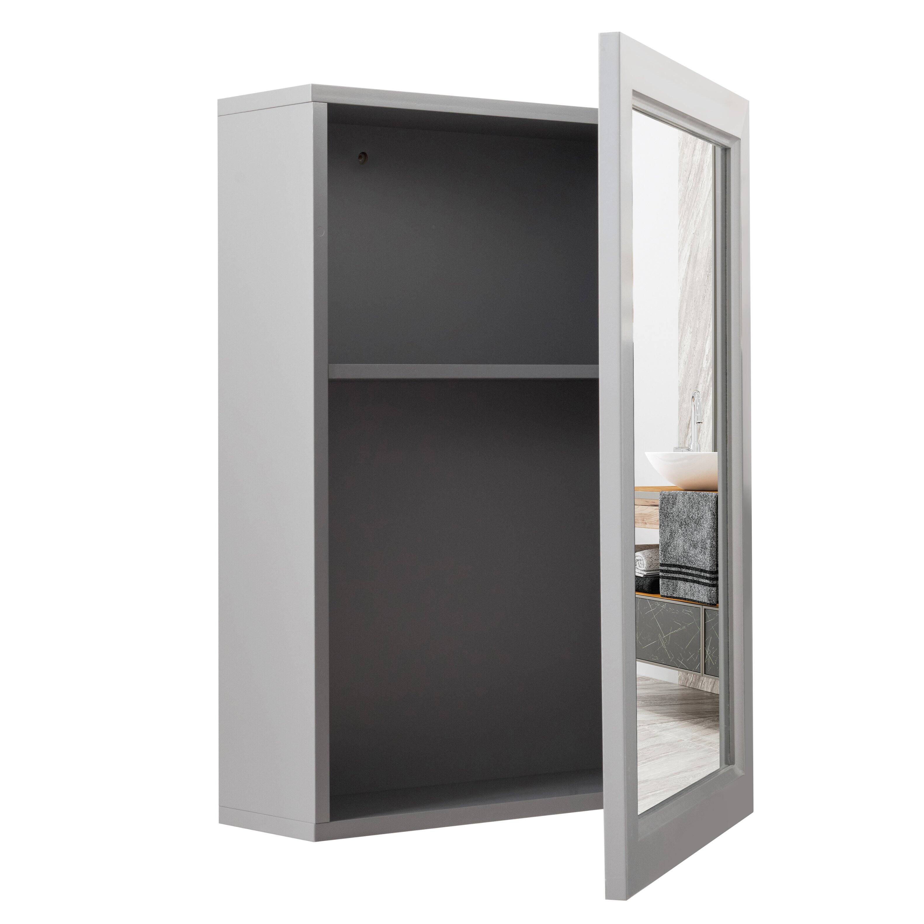Left. WELLFOR - Wall-Mounted Mirrored Medicine Cabinet with 3-Position Adjustable Shelf - Gray.
