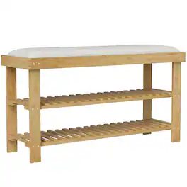 Homcom - Bamboo Shoe Bench, 3-Tier Entryway Bench with Storage and Cushion, Shoe Organizer for Entryway, Hallway - Cream White