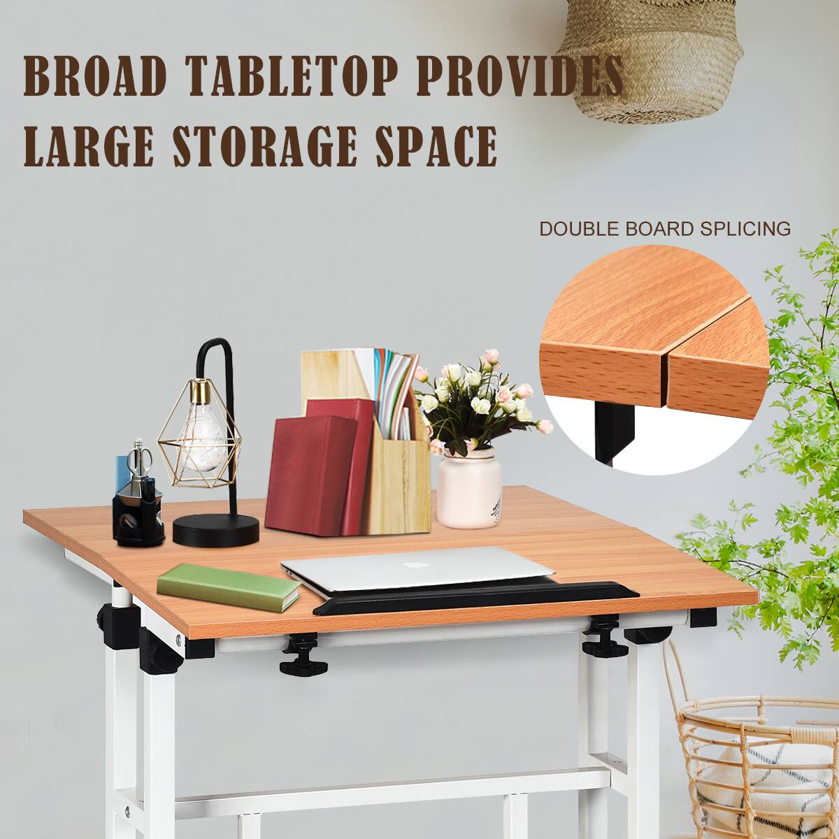 Broad tabletop provides large storage space. Double board splicing.