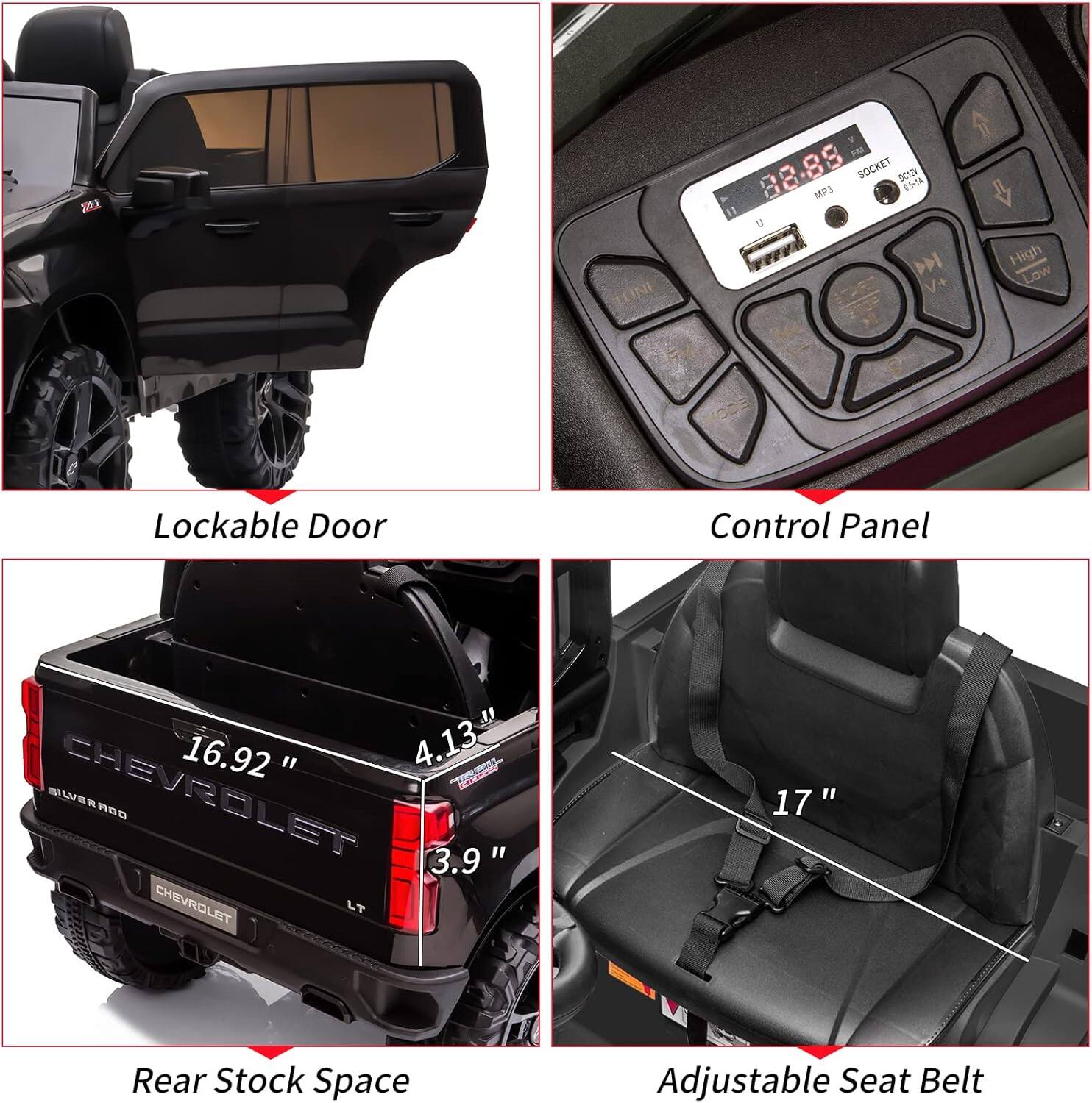- Lockable Door
- Control Panel
- Rear Stock Space
- Adjustable Seat Belt

Details:
- 2 LUNI
- PM 88.89
- O SOCKET DO:ON 1 O 3 E MP3 11 u
- High V+ Low ODE
- Lockable Door Control Panel
- 16.92" " 4.13" P
- SILVERADD CHEVROLET 3.9" " CHEVROLET LT
- 17" Rear Stock Space Adjustable Seat Belt