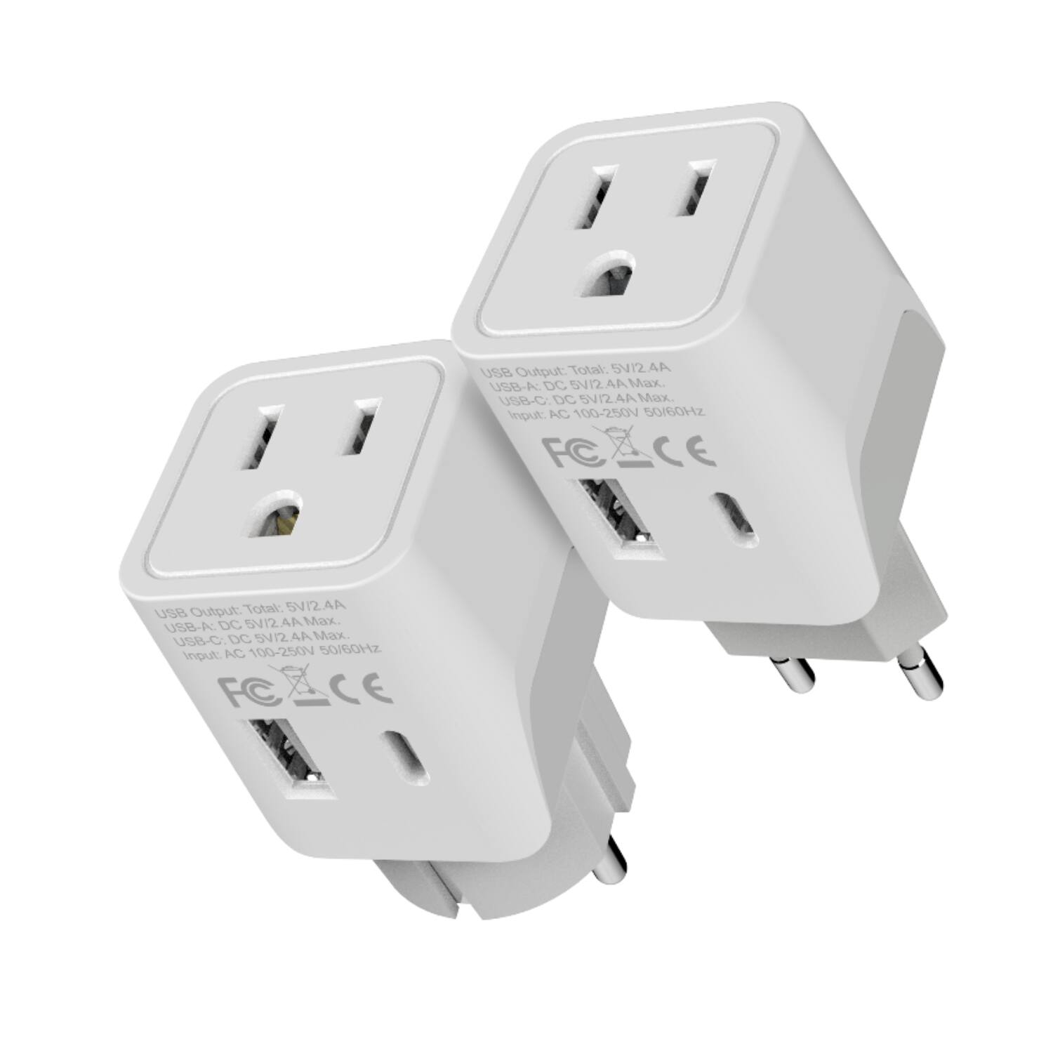 Ceptics - European Travel Adapter Plug – Compact Type C & F with USB-C, USB-A + USA Input for France, Germany & More - White