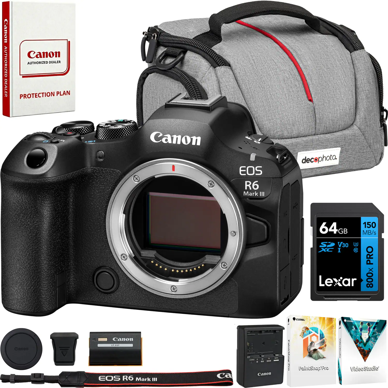 Canon EOS R6 Mark III  
64GB Lexar 800x C10 V30 PRO  
150 MB/s  
Canon Battery  
Canon Lens Cap  
Canon Strap  
Canon Authorized Dealer Protection Plan  
deco photo Bag  
PaintShop Pro  
VideoStudio