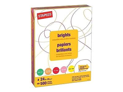 STAPLES  
brights  
papiers brillants  

24 D 89 g/m²  
500 feuilles  

compatible avec tous les imprimantes  
compatibles avec tous les scanners  
les meilleures de bureau  

rouge  
vert  
bleu  
jaune