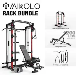 Mikolo - Power Rack Cage, Weight Rack,Multi-Function Squat Rack with J Hooks,Dip Bars and Landmine - Red