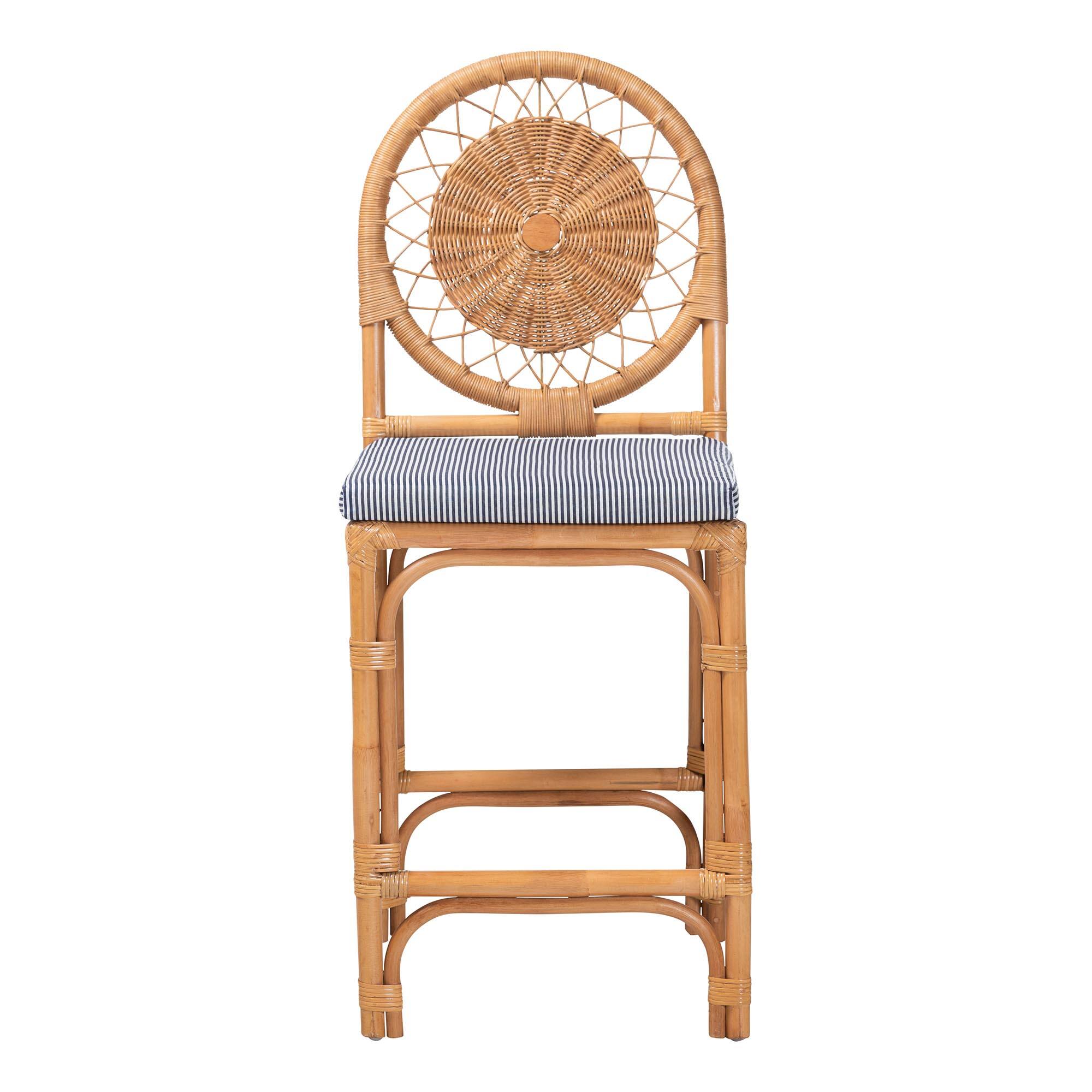 Angle. bali & pari - Oberon Natural Rattan Counter Stool with Cushion - Handwoven Wicker Kitchen Island Seating with Sunburst Backrest - Light Honey.