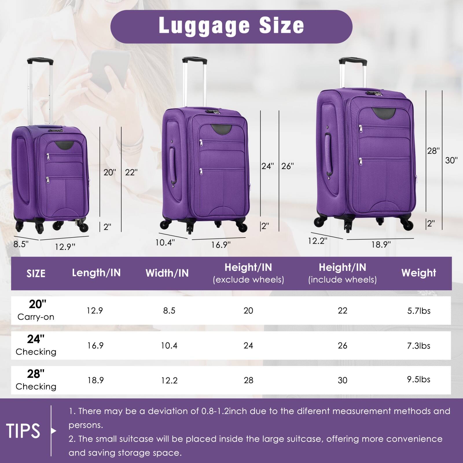 Luggage Size

| SIZE       | Length/IN | Width/IN | Height/IN (exclude wheels) | Height/IN (include wheels) | Weight |
|------------|-----------|----------|--------------------------|--------------------------|--------|
| 20" Carry-on | 12.9      | 8.5      | 20                       | 22                       | 5.7lbs |
| 24" Checking | 16.9      | 10.4     | 24                       | 26                       | 7.3lbs |
| 28" Checking | 18.9      | 12.2     | 28                       | 30                       | 9.5lbs |

TIPS
1. There may be a deviation of 0.8-1.2 inch due to the different measurement methods and persons.
2. The small suitcase will be placed inside the large suitcase, offering more convenience and saving storage space.