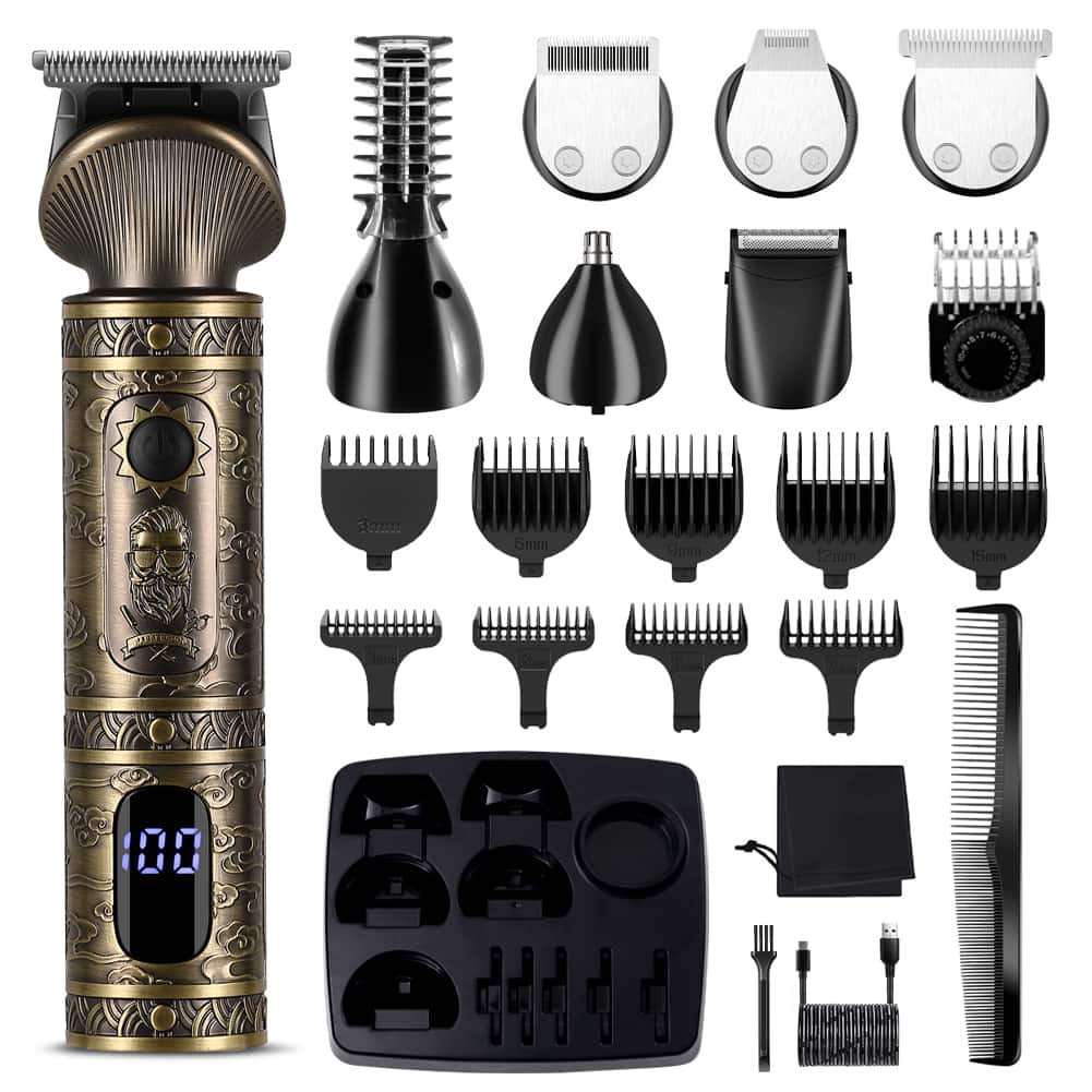 HATTEKER - 7-in-1 Beard Trimmer for Men, Hair Clippers Cordless, T-Blade Grooming Kit with LED Display, Nose & Body Trimmer - Bronze