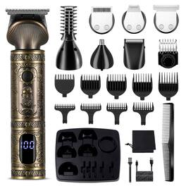 HATTEKER - 7-in-1 Beard Trimmer for Men, Hair Clippers Cordless, T-Blade Grooming Kit with LED Display, Nose & Body Trimmer - Bronze