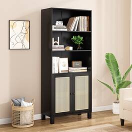 HTUTWOO - 5-Tier Tall Bookcase with Rattan Doors, Large Wooden Storage Bookshelf, Stylish Sturdy Organizer for Living Room Bedroom - Black