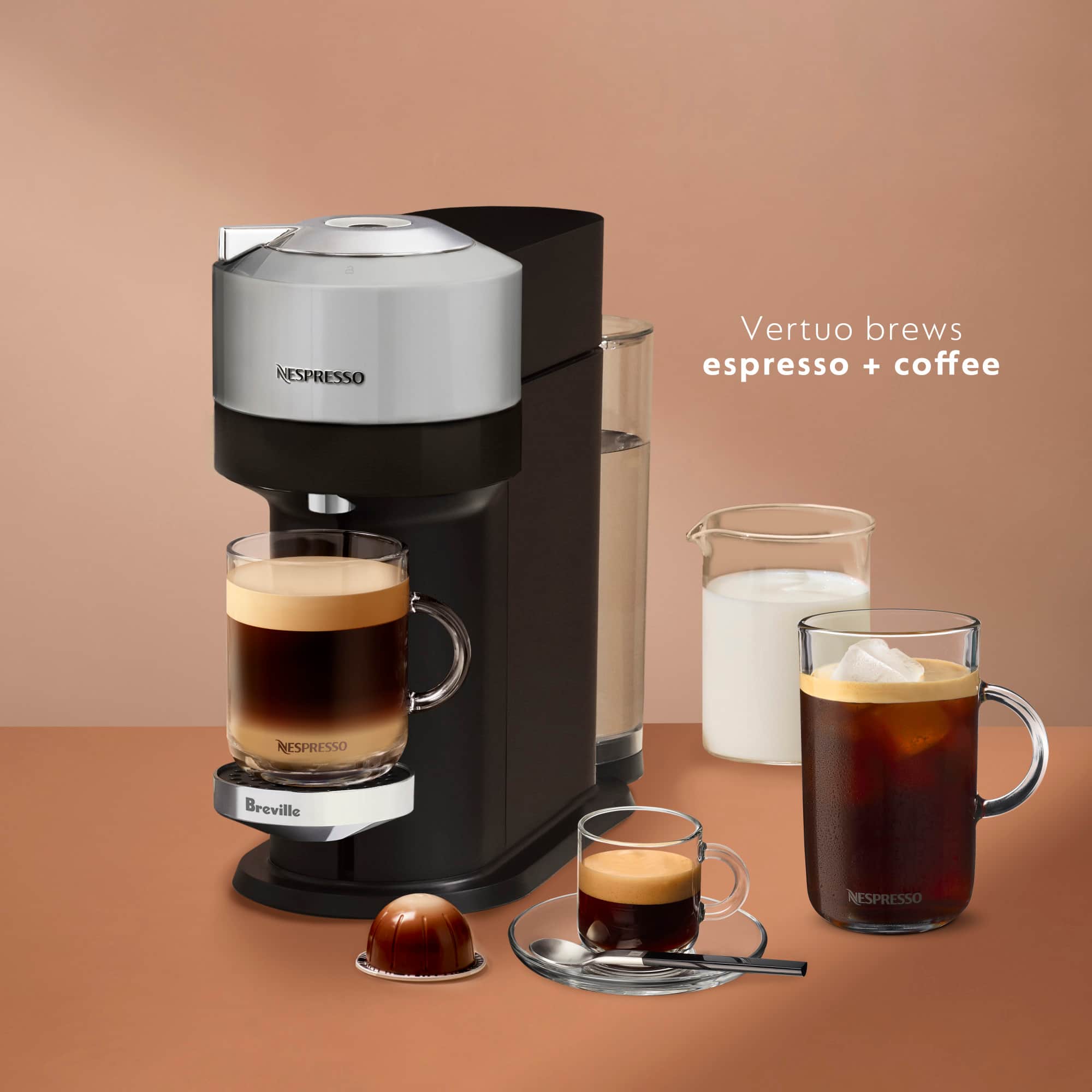 The text on the image reads "Vertuo brews espresso + coffee."