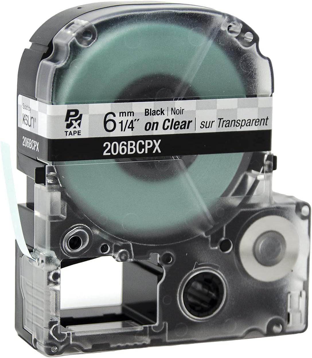 Sure, here is the corrected and grouped text from the image:

- Sold by: KSLN
- PX TAPE
- 6 mm 1/4" on Clear
- Black | Noir
- sur Transparent
- 206BCPX