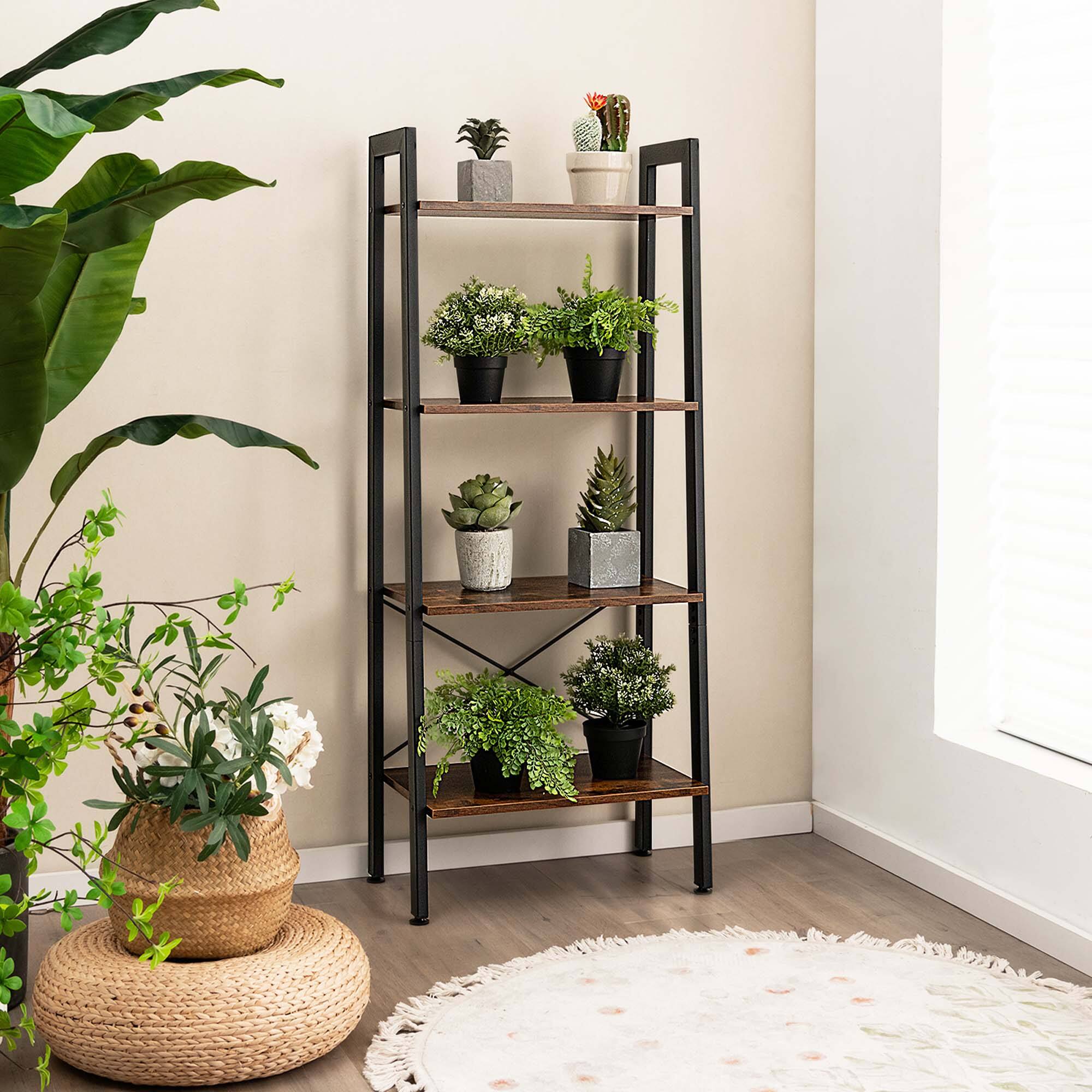 Alt View 2. Costway - Costway 4-Tier Bookshelf Industrial Display Storage Shelf Plant Flower Stand Metal Frame - Rustic Brown.