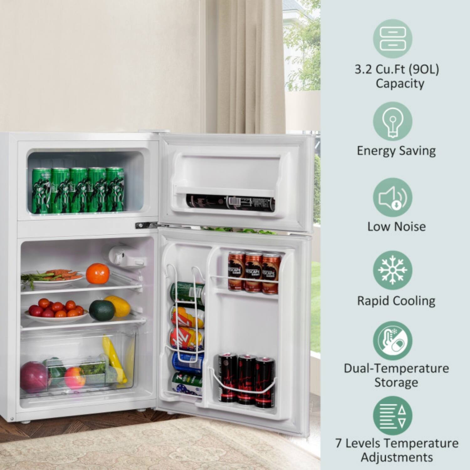 3.2 Cu.Ft (90L) Capacity  
Energy Saving  
Low Noise  
Rapid Cooling  
Dual-Temperature Storage  
7 Levels Temperature Adjustments