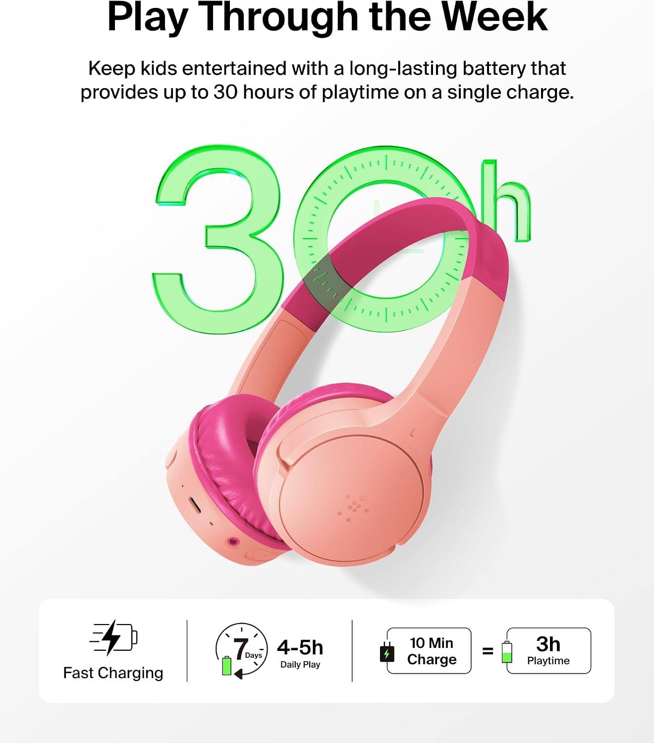 Play Through the Week  
Keep kids entertained with a long-lasting battery that provides up to 30 hours of playtime on a single charge.  

30%  
Fast Charging  
7 Days  
4-5h Daily Play  
10 Min Charge  
=  
3h Playtime