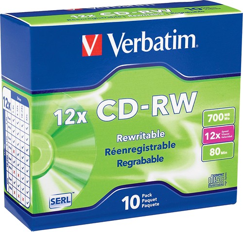  Verbatim - CD Rewritable Media - CD-RW - 12x - 700 MB - 10 Pack Slim Case