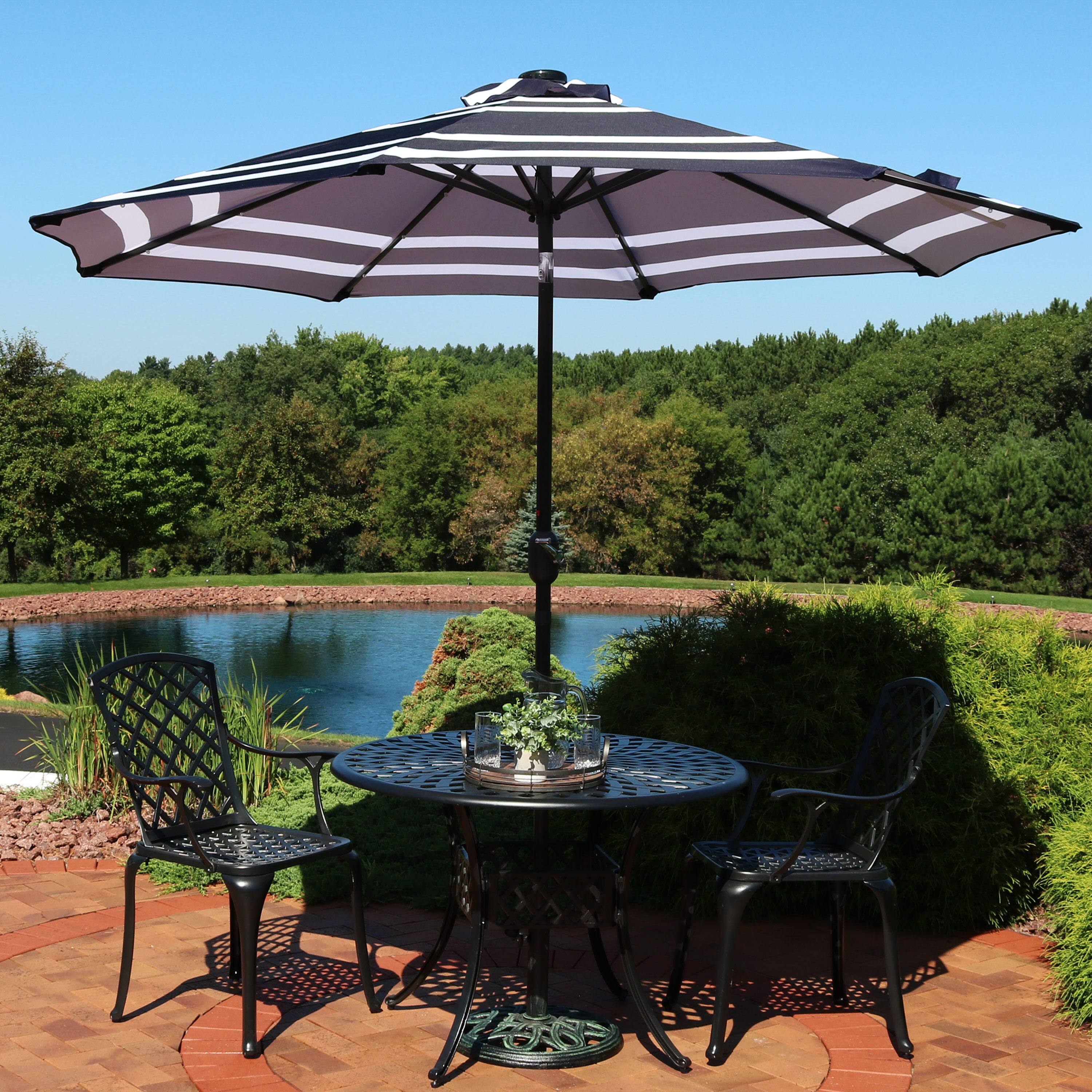 Alt View 8. Sunnydaze - 9 ft Solar Patio Umbrella with Lights, Tilt, and Crank - Navy Blue Stripe.