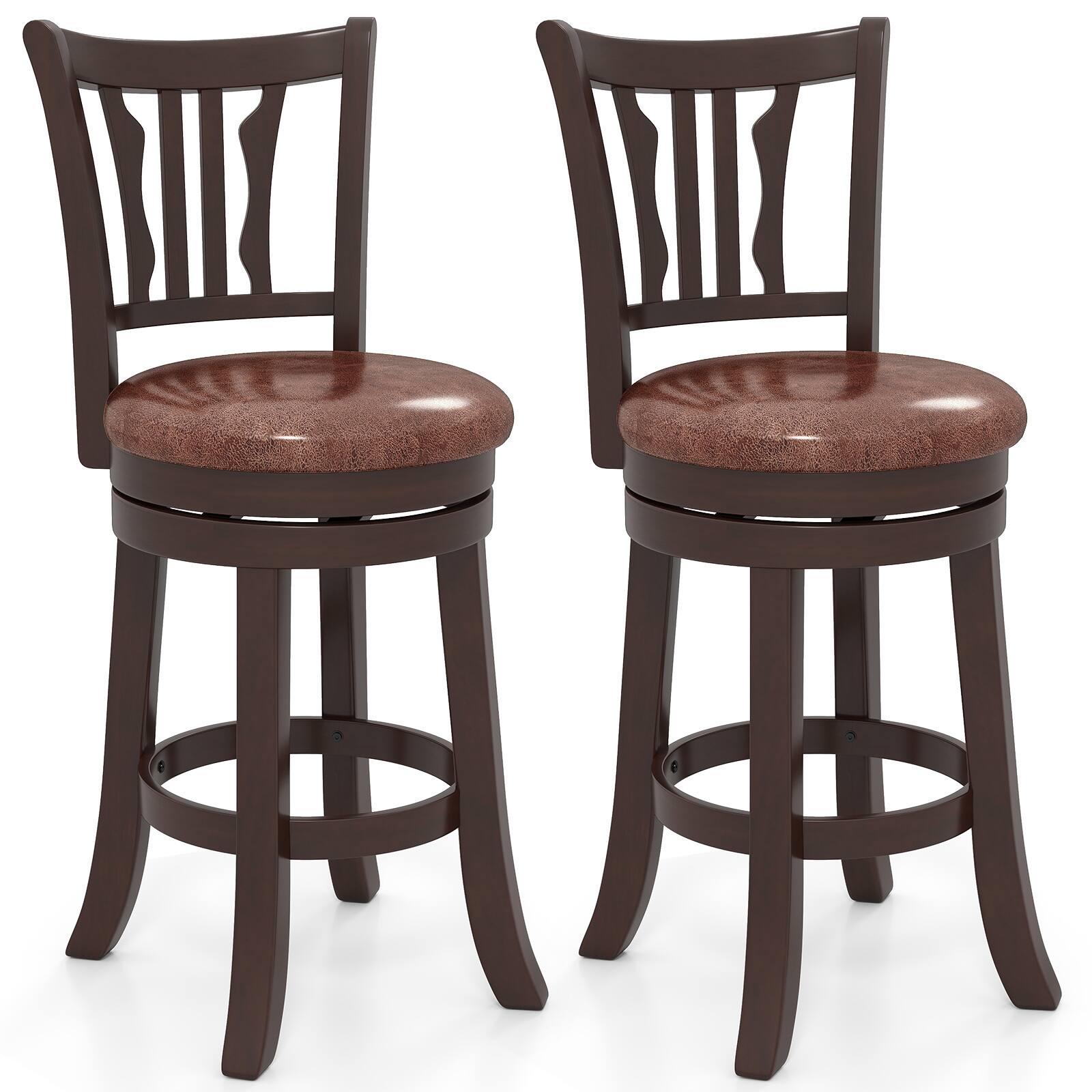 Gymax - 26'' Counter Height Swivel Bar Stools Set of 2 w/Back & Faux Leather Seat - Brown