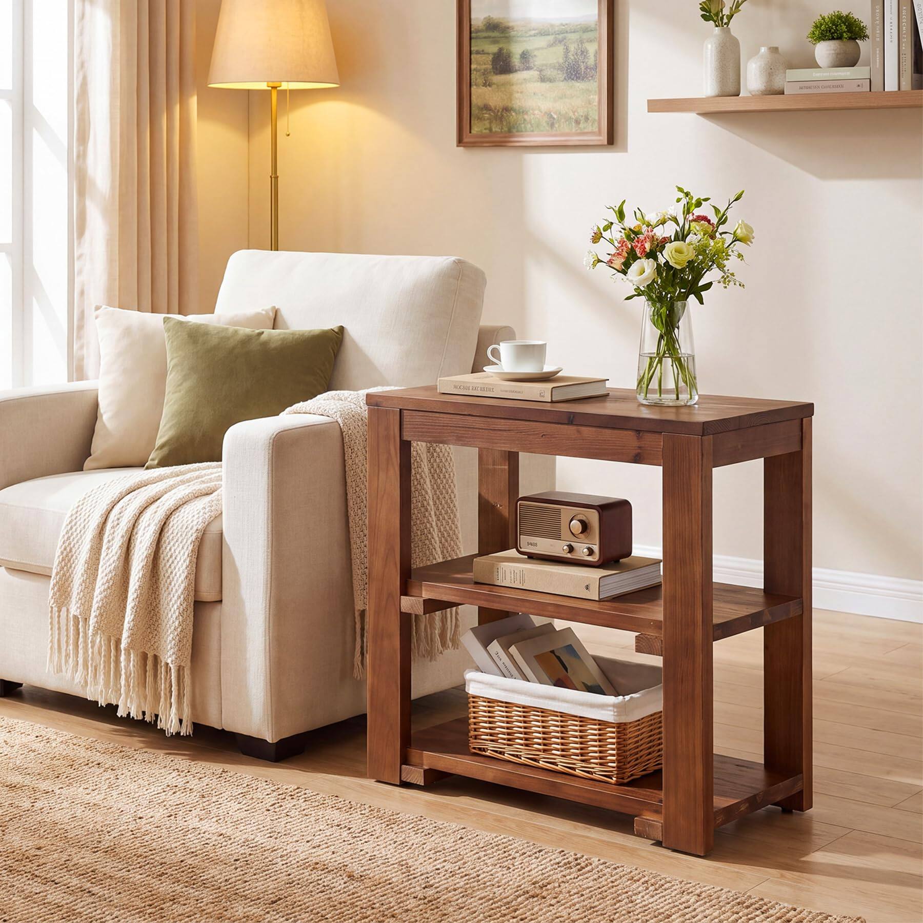 Left. Tribesigns - Solid Wood Side Table, 3-Tier End Table with Storage, Rectangle Farmhouse Night Stand for Small Spaces, Living Room, Bed - Brown.