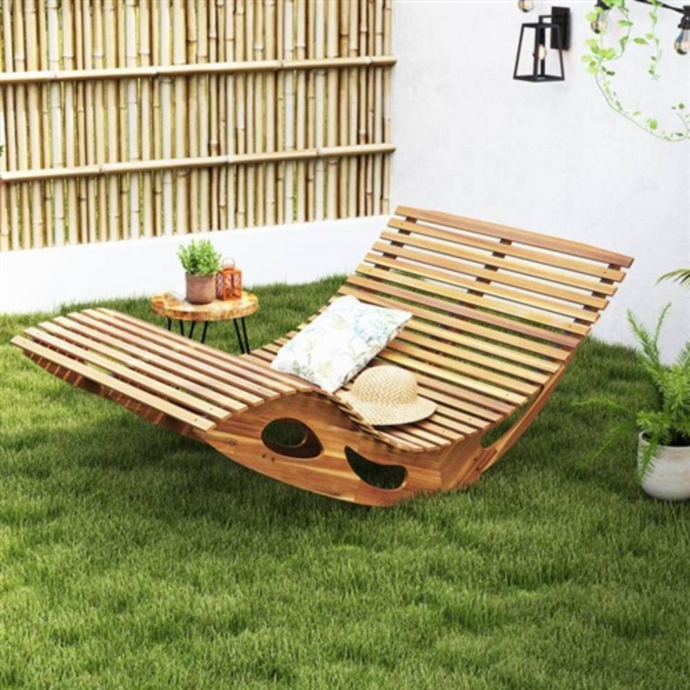 Angle. Hivvago - 2-Seater Adirondack Slatted Acacia Patio Dual Rocker Sunbed Wood Lounger - Brown.