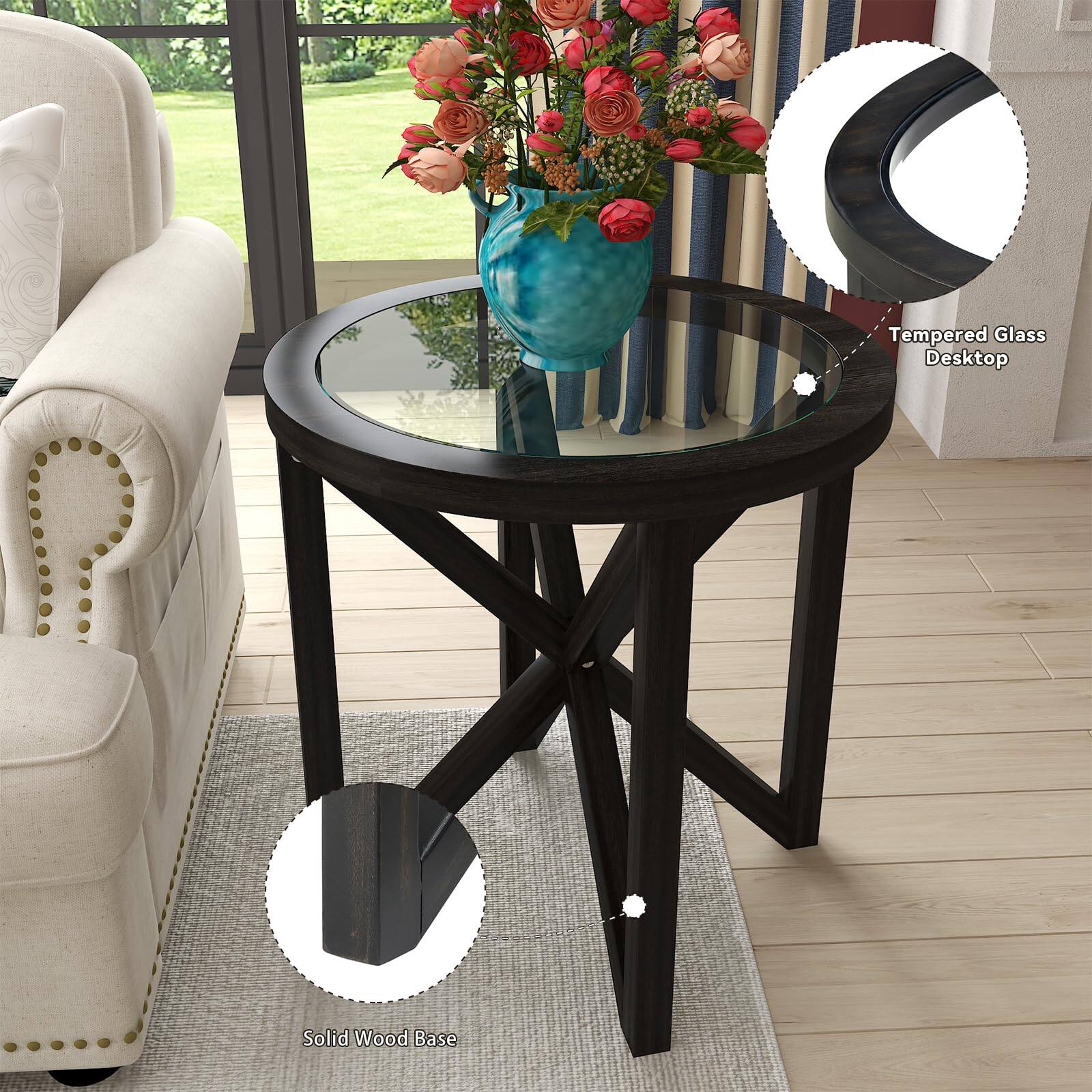 Tempered Glass Desktop  
Solid Wood Base