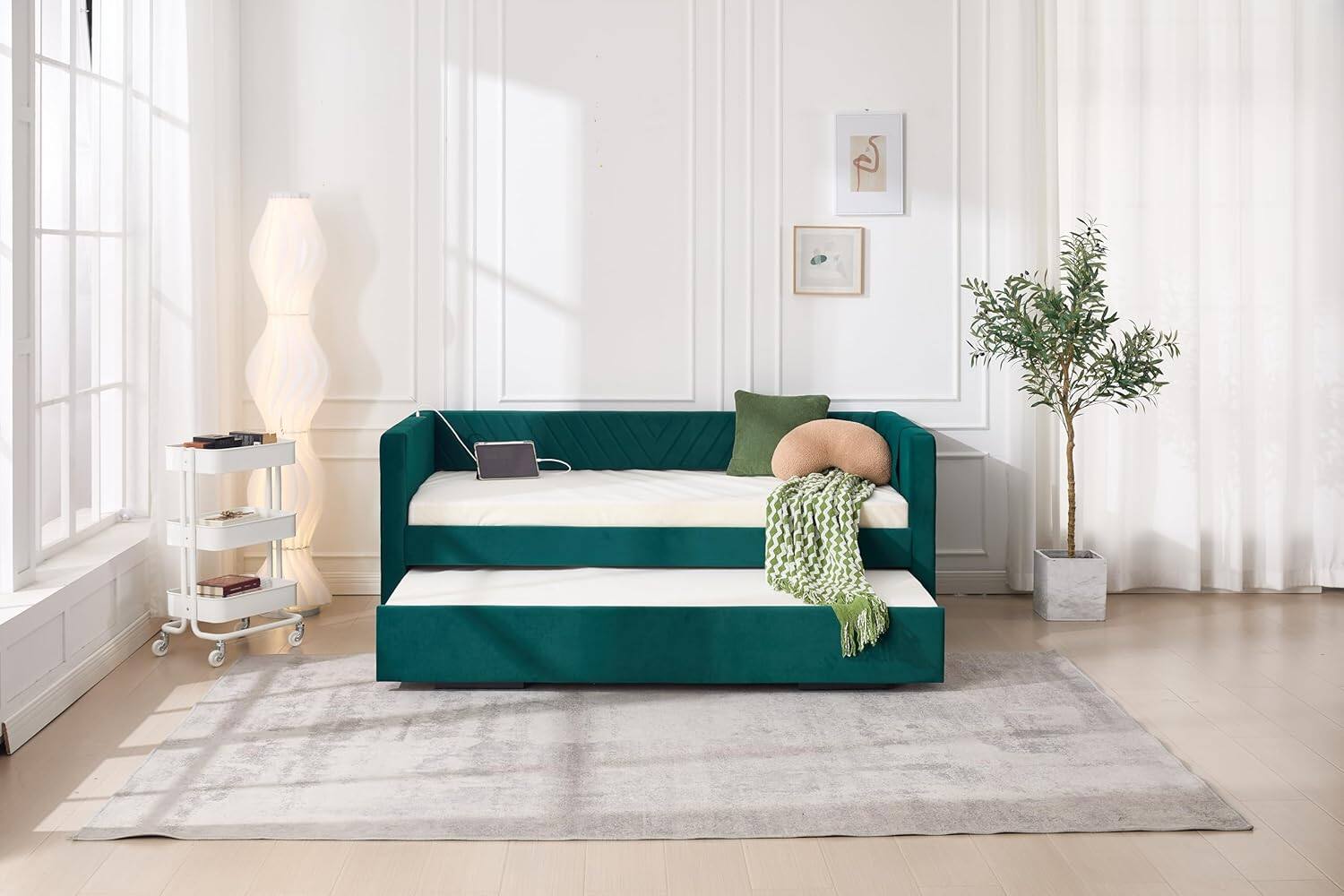 Alt View 6. Trinkets Crazed - Twin Daybed with Pop Up Trundle, Velvet Upholstered Extendable Daybed with USB Ports & Pockets - green.