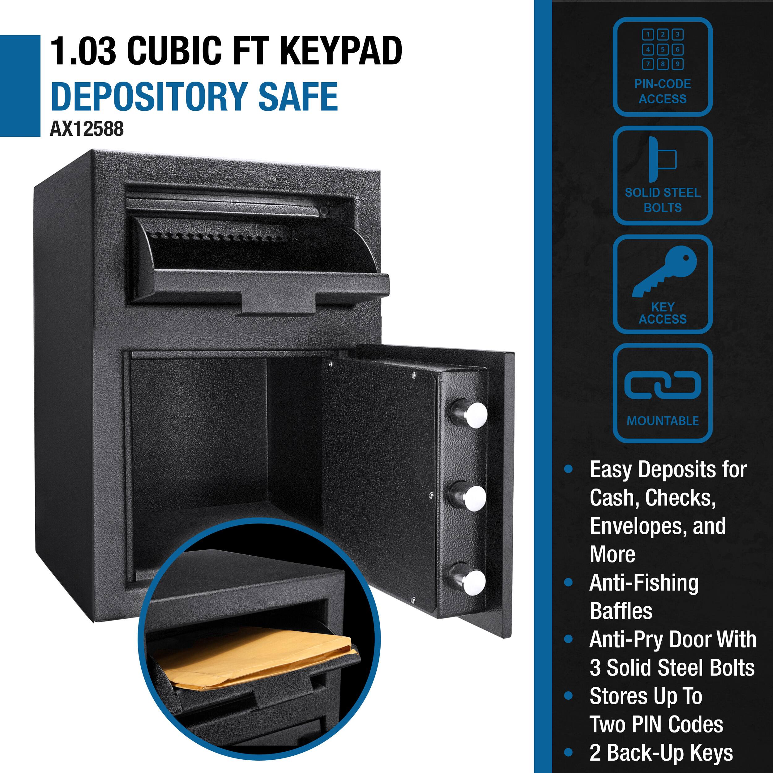 1.03 CUBIC FT KEYBOARD DEPOSITORY SAFE  
AX12588  

- PIN-CODE ACCESS  
- SOLID STEEL BOLTS  
- KEY ACCESS  
- MOUNTABLE  

- Easy Deposits for Cash, Checks, Envelopes, and More  
- Anti-Fishing Baffles  
- Anti-Pry Door With 3 Solid Steel Bolts  
- Stores Up To Two PIN Codes  
- 2 Back-Up Keys