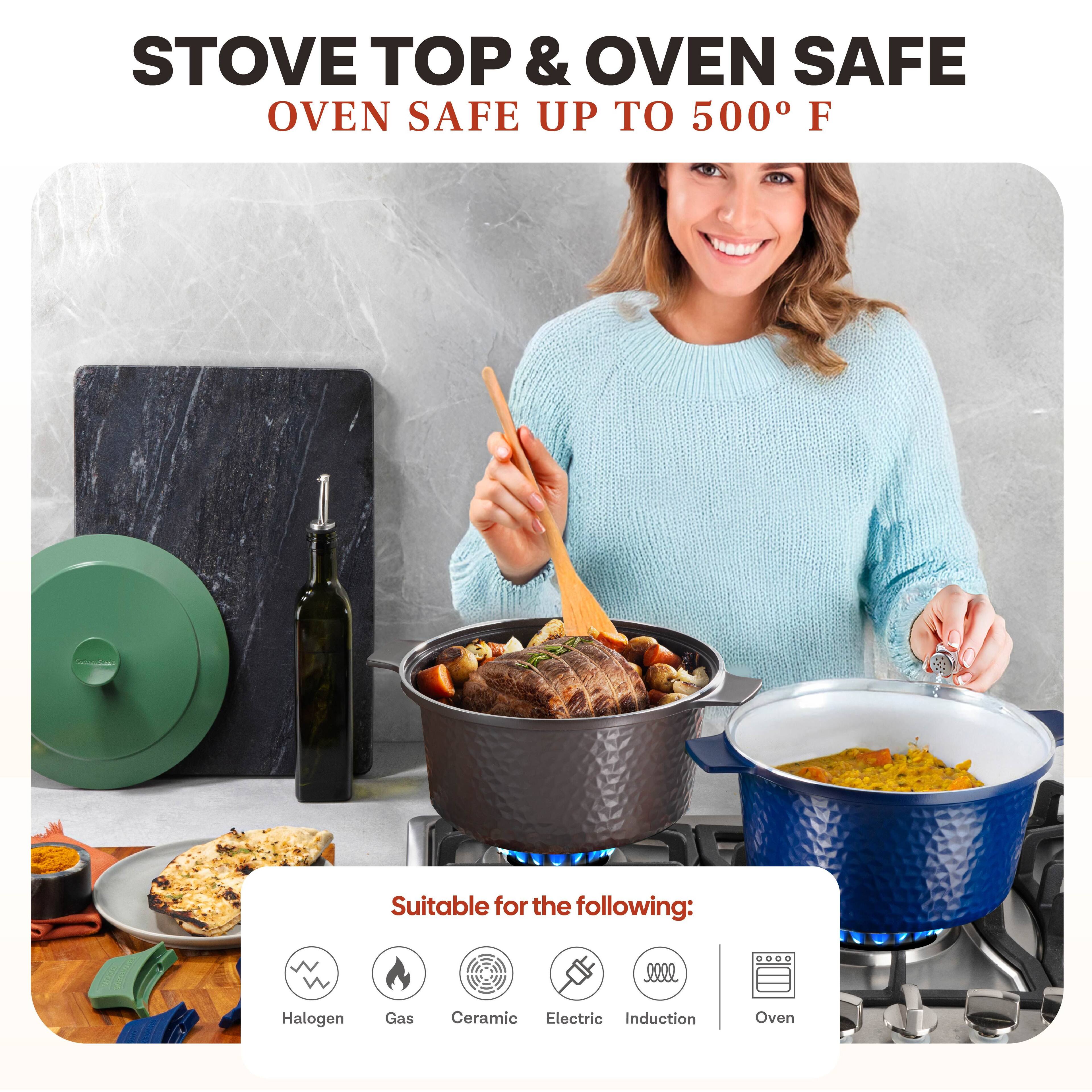 STOVE TOP & OVEN SAFE  
OVEN SAFE UP TO 500° F  

Suitable for the following:  
- Halogen  
- Gas  
- Ceramic  
- Electric  
- Induction  
- Oven