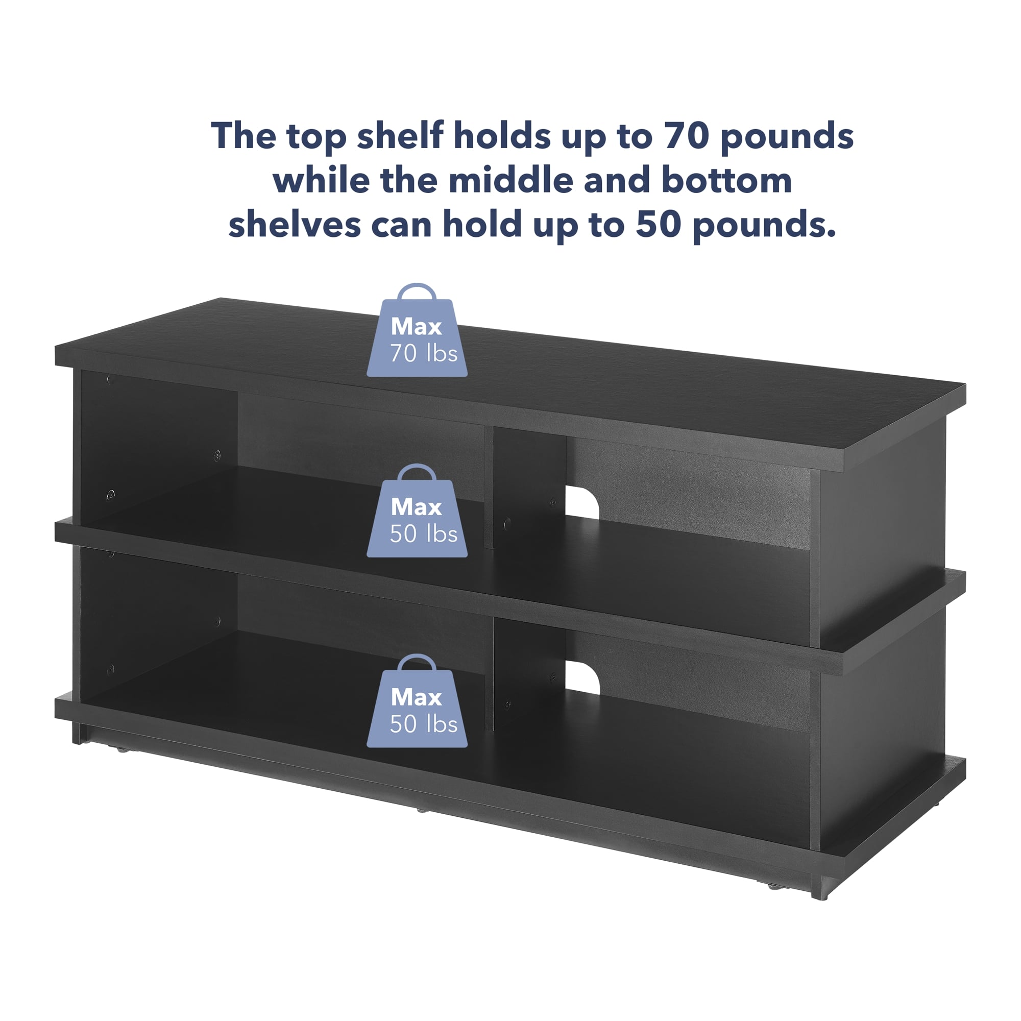 The top shelf holds up to 70 pounds, while the middle and bottom shelves can hold up to 50 pounds each.